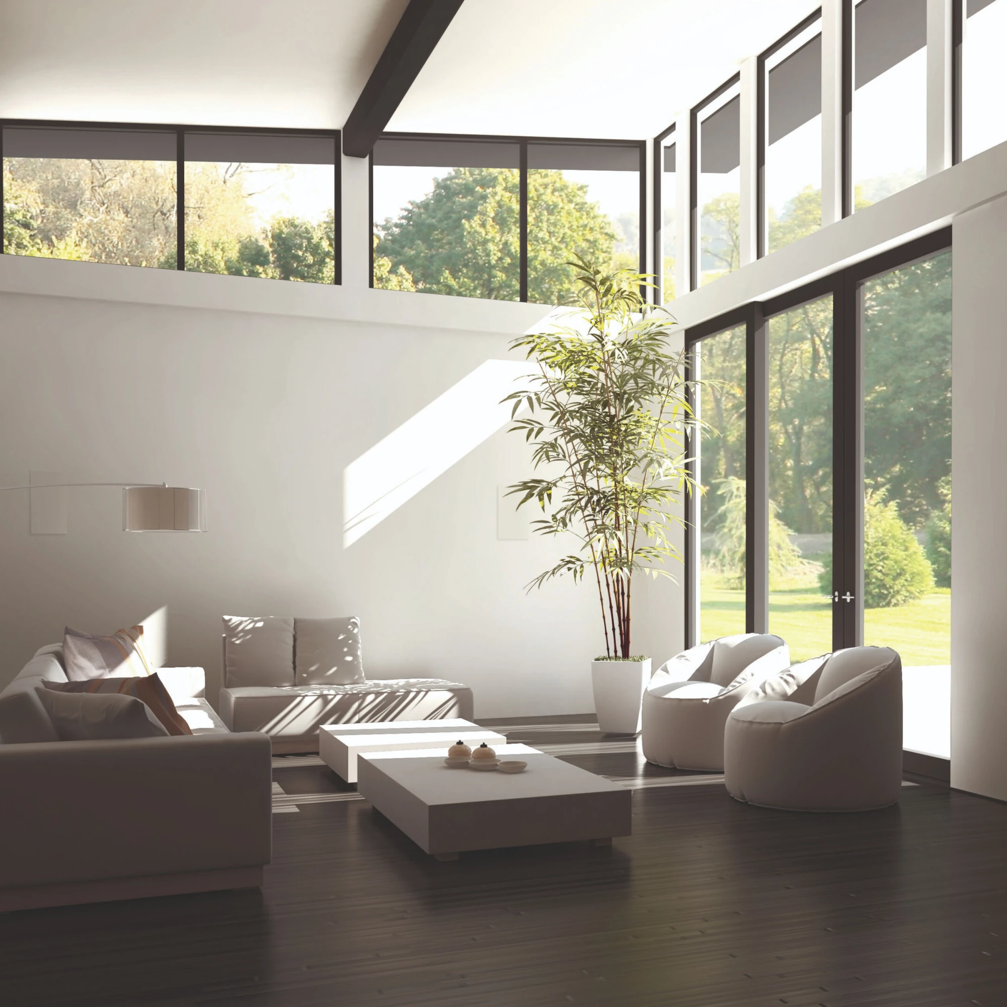 Wohnzimmer, Sofa-Set, Großes Fenster, Pflanze, Moderner Innenraum