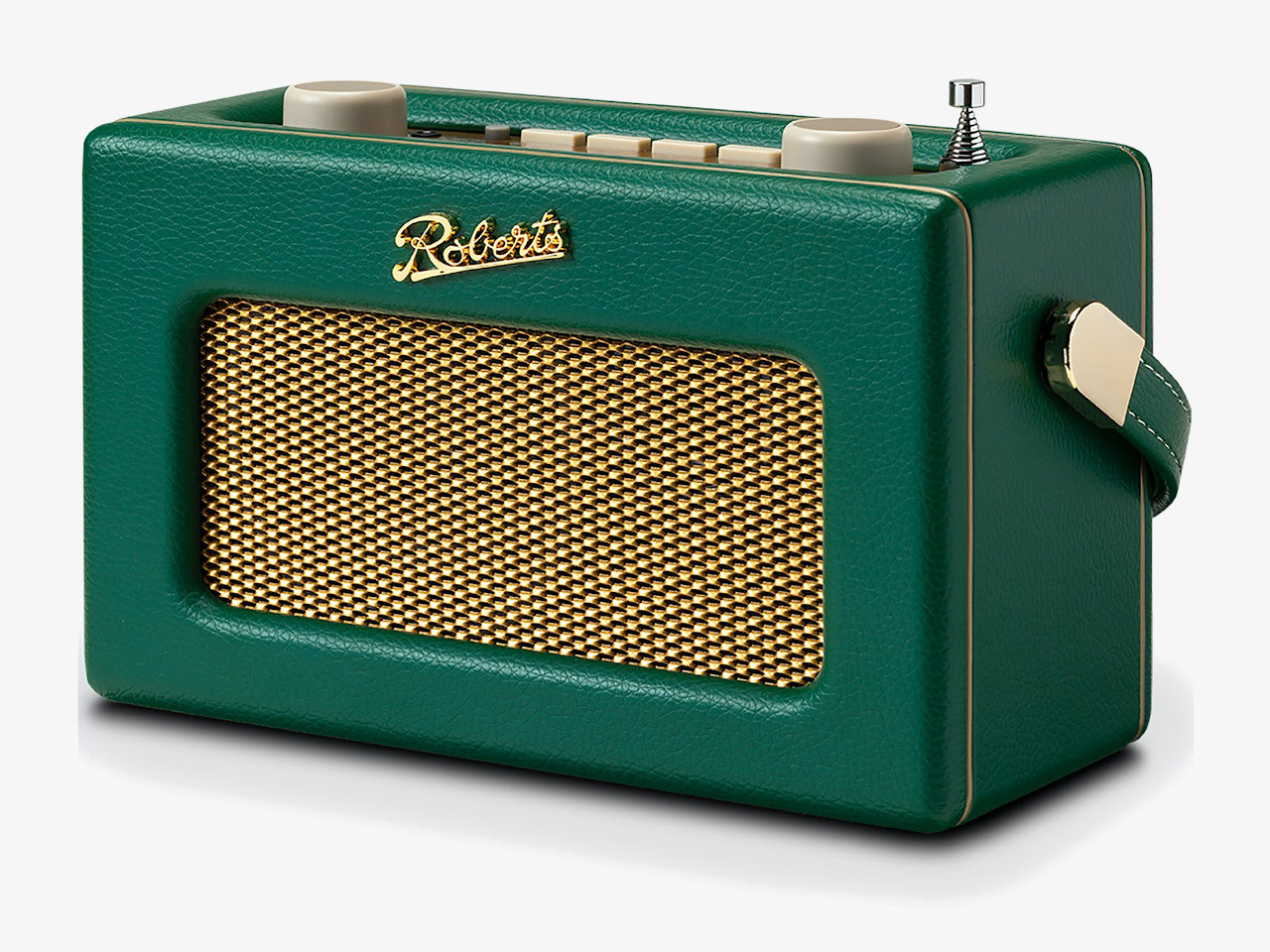 speaker, portable, green, gold grille, retro