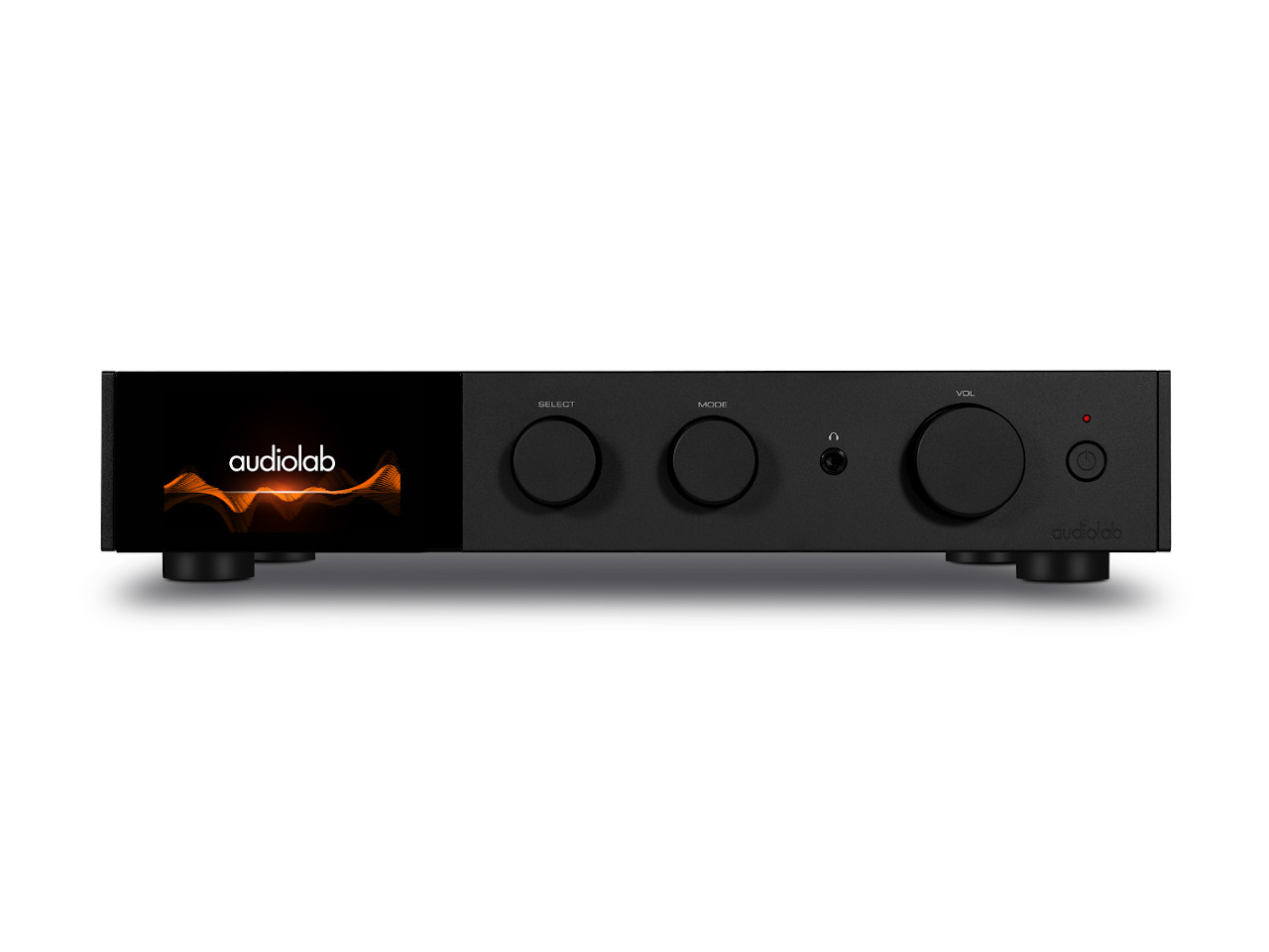 Stereo-Verstärker, Audio-Verstärker, schwarzes Gerät, Drehknöpfe, Display-Bildschirm