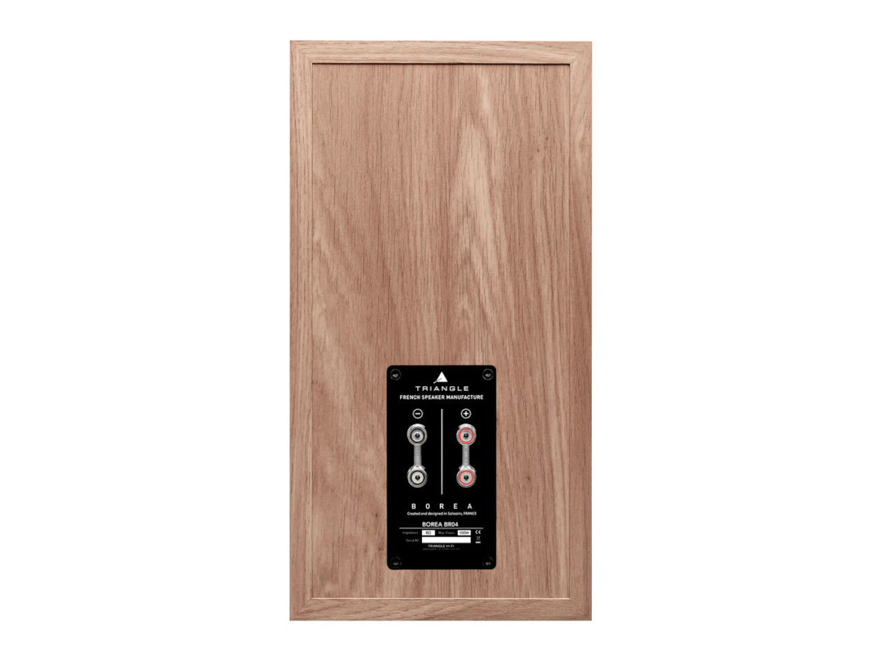 wood veneer, speaker panel, rear label, stereo connectors, vertical orientation