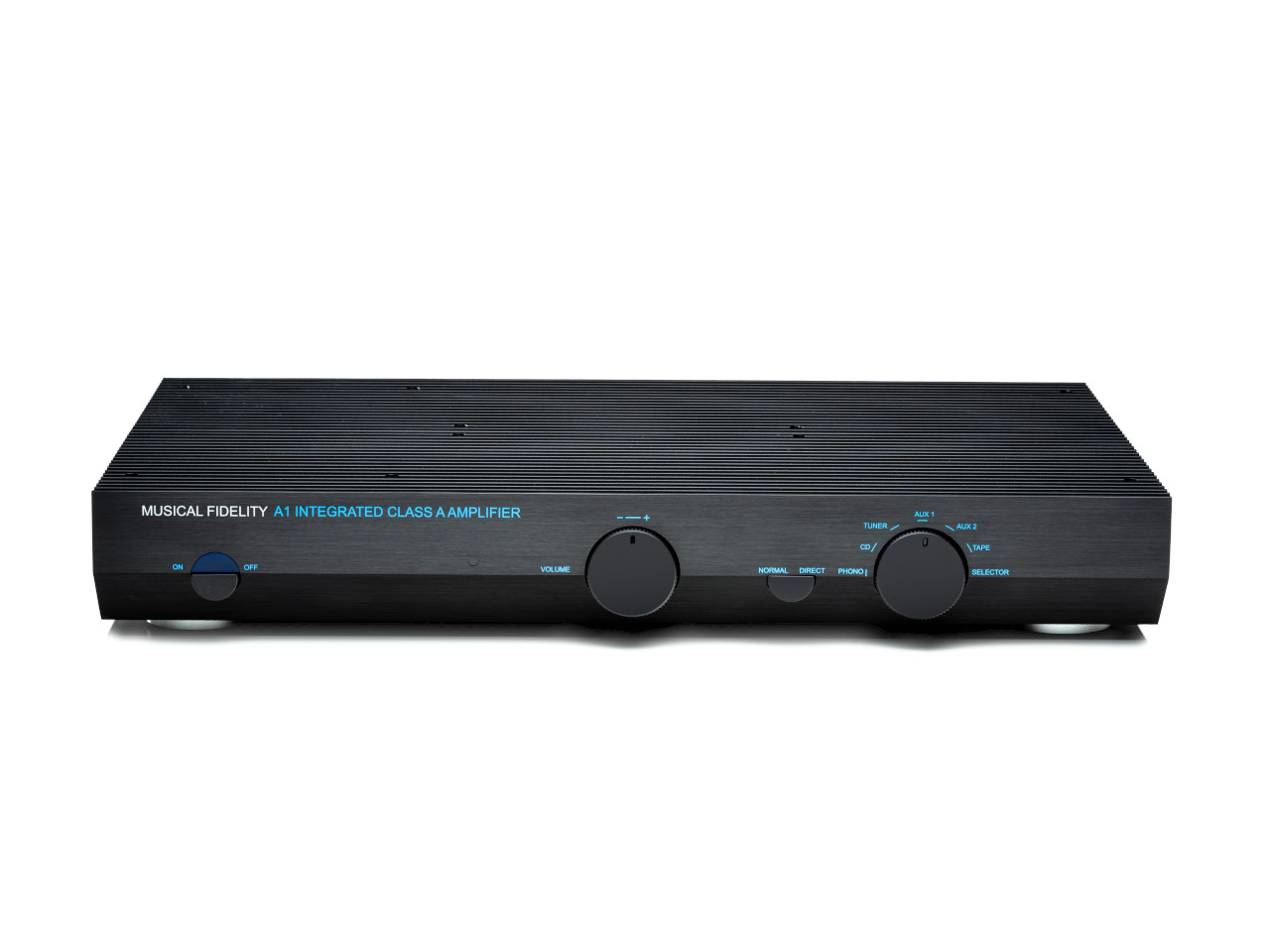 Stereo-Verstärker, integrierter Verstärker, schwarzes Gehäuse, Lautstärkeregler, Frontpanel-Tasten