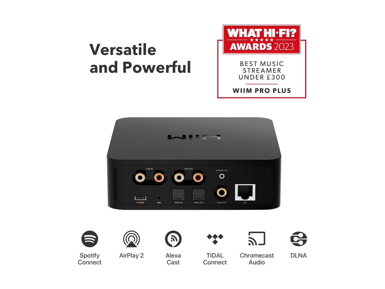 Hifi‑Box, Rückseite, RCA‑Anschlüsse, LAN‑Port, USB‑C Netzteil