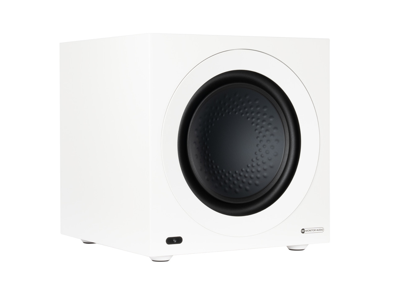 Subwoofer, weißer Subwoofer, runder Lautsprechergrill, schwarze Membran, Monitor Audio Abzeichen