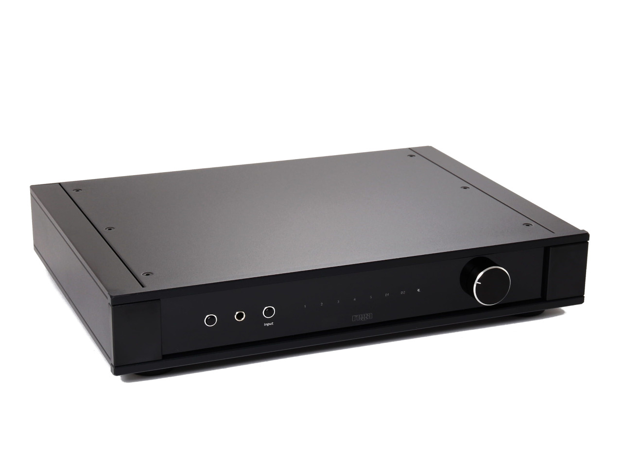 Stereo-Verstärker, Hi-Fi Audio, schwarzes Metall, Lautstärkeregler, Eingänge
