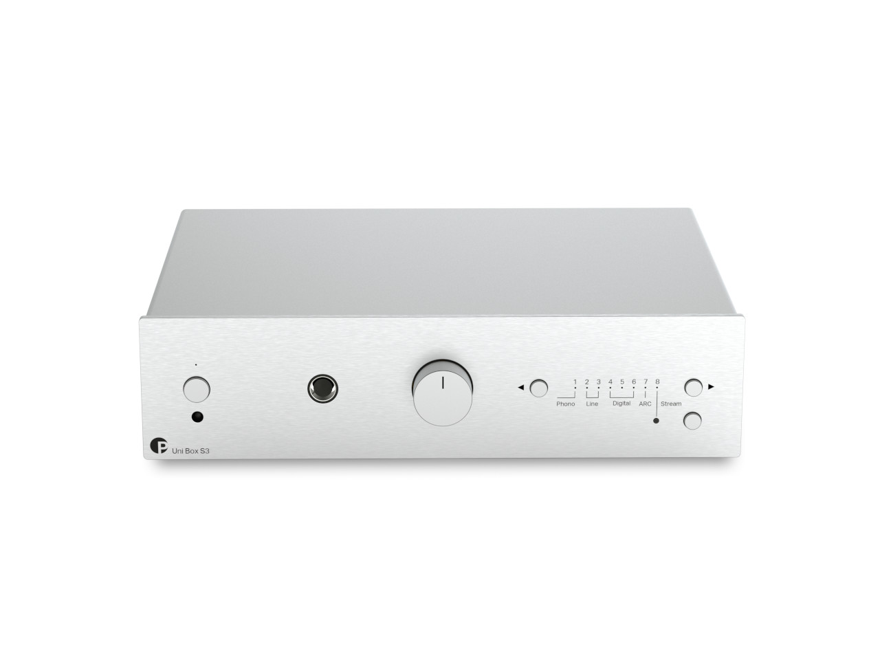 stereo-Verstärker, Silber Aluminium, Vorderseite, Bedienknopf, Kopfhöreranschluss