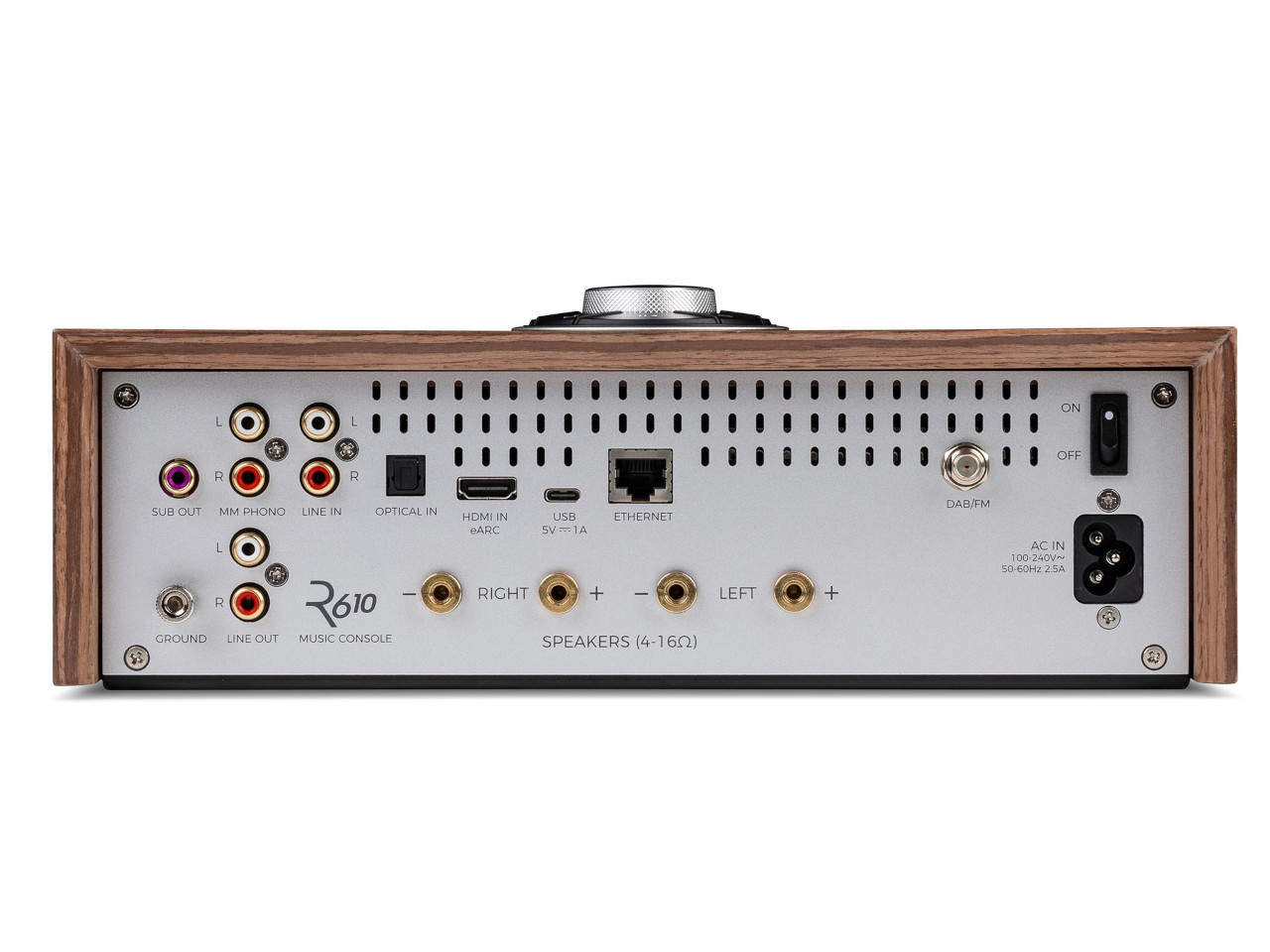 stereoempfänger, Rückseite, Holzgehäuse, Lautsprecherklemmen, HDMI Eingang