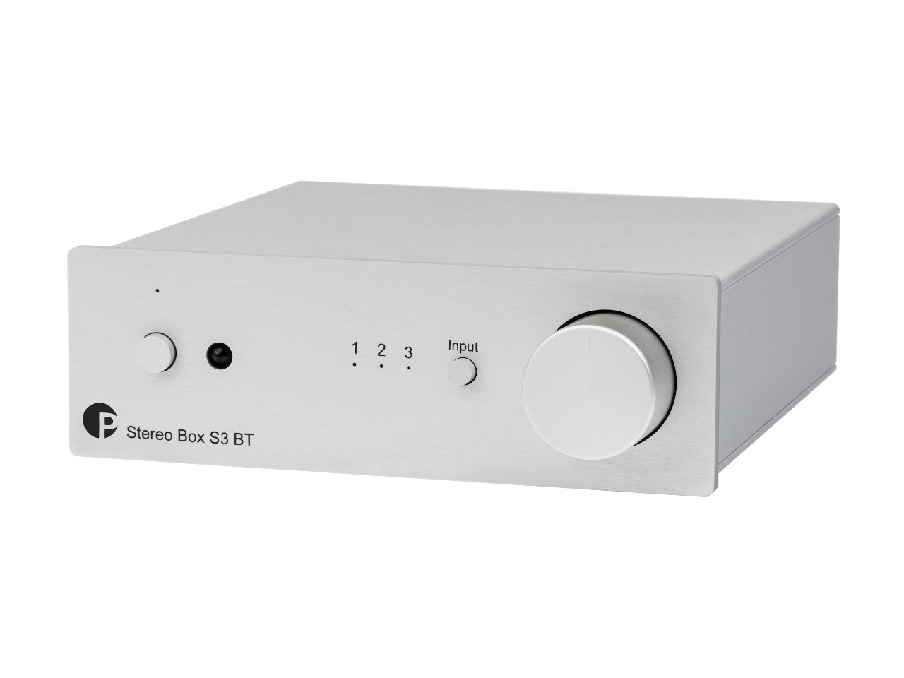 Stereo-Verstärker, Silbernes Gehäuse, großer Lautstärkeregler, Input-Auswahl, Front-Panel Tasten