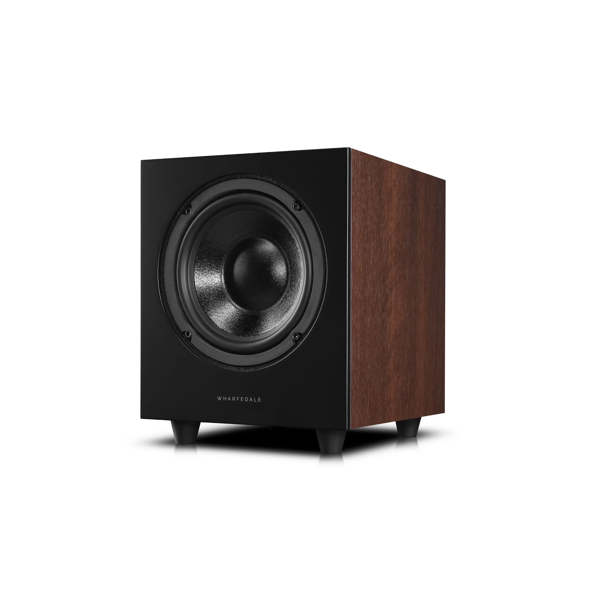 Subwoofer, Holzgehäuse, Schwarze Front, Runder Lautsprecher, Aktiver Subwoofer