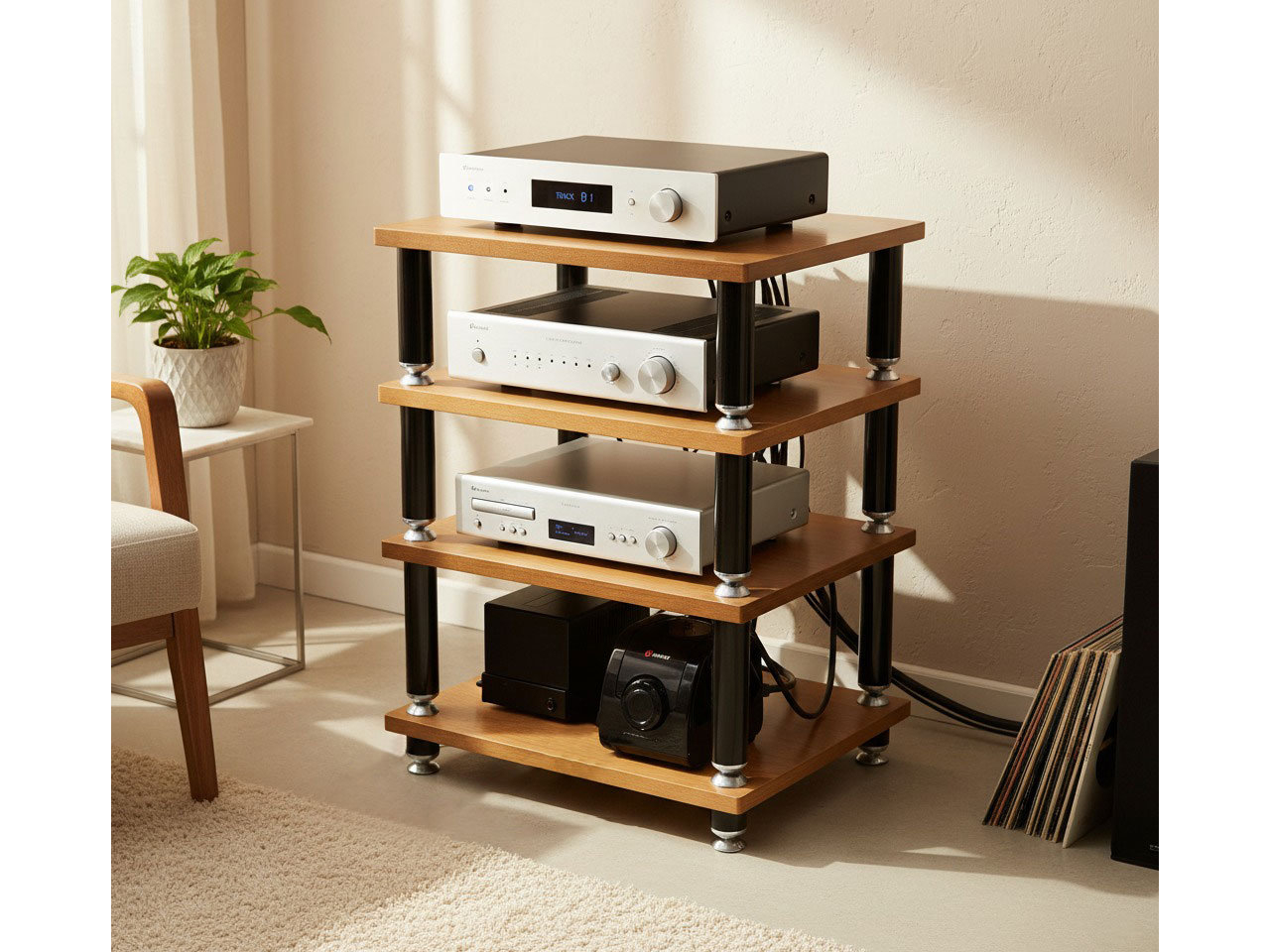 Stereo-Regal, Hi-Fi-System, Holzregal, Silberne Elektronik, Schwarze Stützsäulen