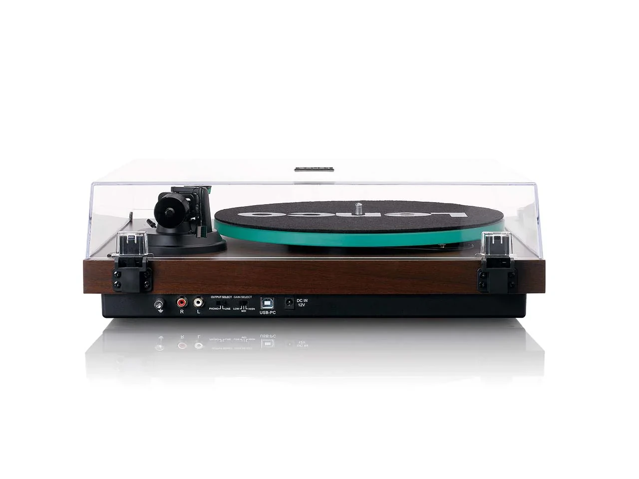 Plattenspieler, Turntable, Holz, Transparentes Gehäuse, Gummi-Platte