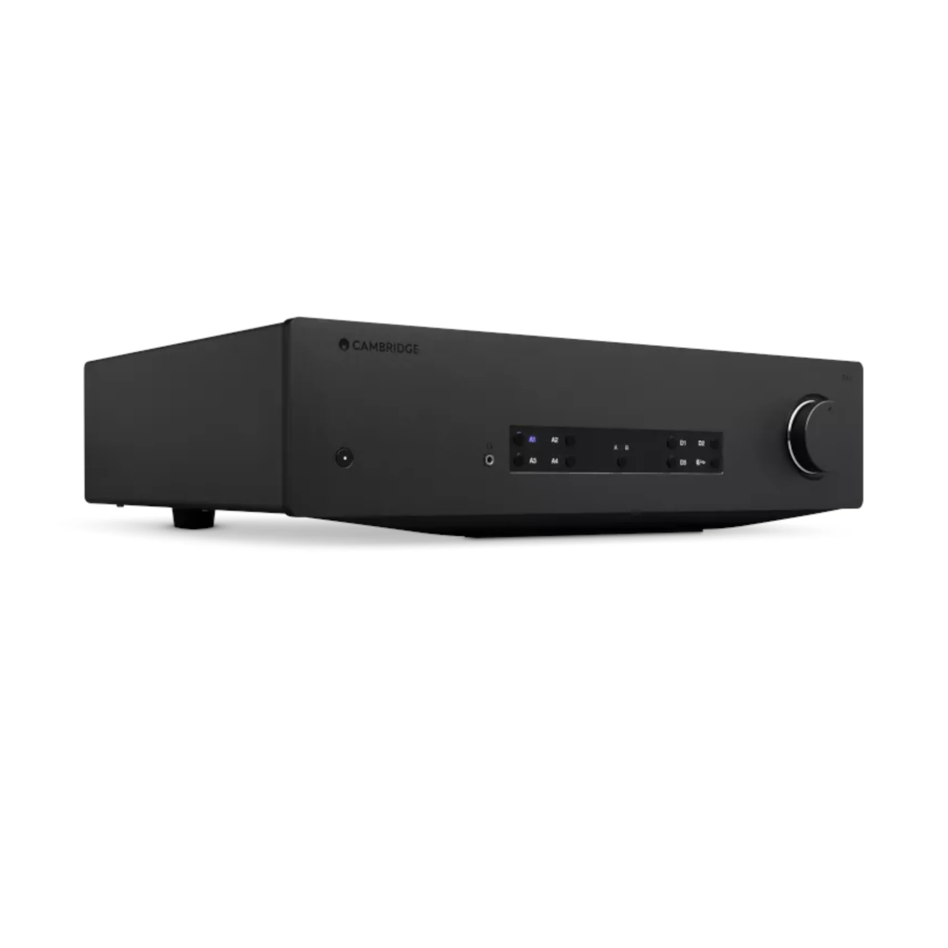 stereo-empfänger, audiophiler Verstärker, schwarzes Metallgehäuse, vorderseite, Drehknopf