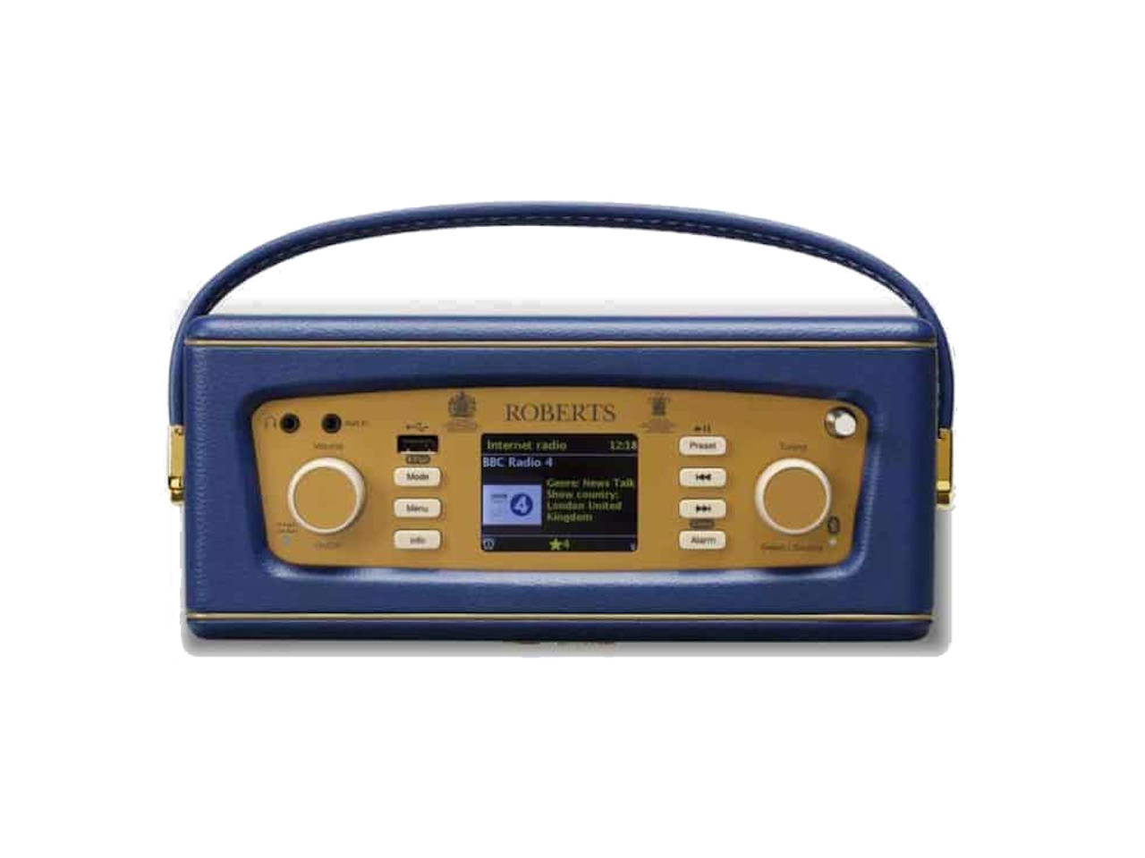 tragbarer Radio, blaue Hülle, goldenes Bedienfeld, digitalanzeige, Tragegriff, Retro-Design