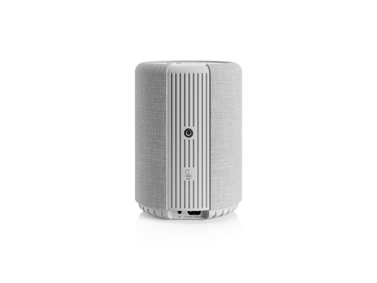 Smart speaker, Textiloberfläche, Grau, Vertikale Rillen, Strom-/Port-Panel