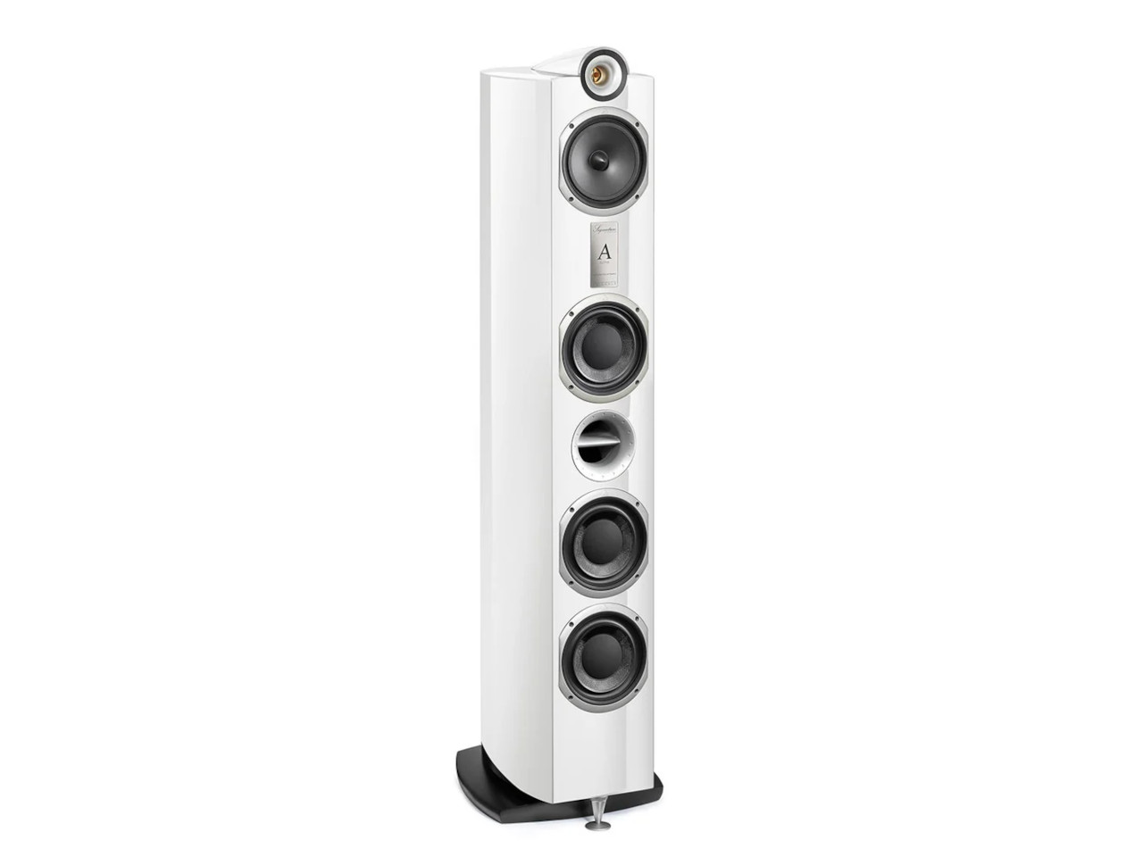 Standlautsprecher, 4-Wege, hoher Bass, weiß, Gehäuse]]}{}]} } }``` Wait this got messy. Let's craft proper JSON. We should provide 5 tags max. From image: tall white floor-standing speaker with multiple drivers including top tweeter, mid, woofers. Materia