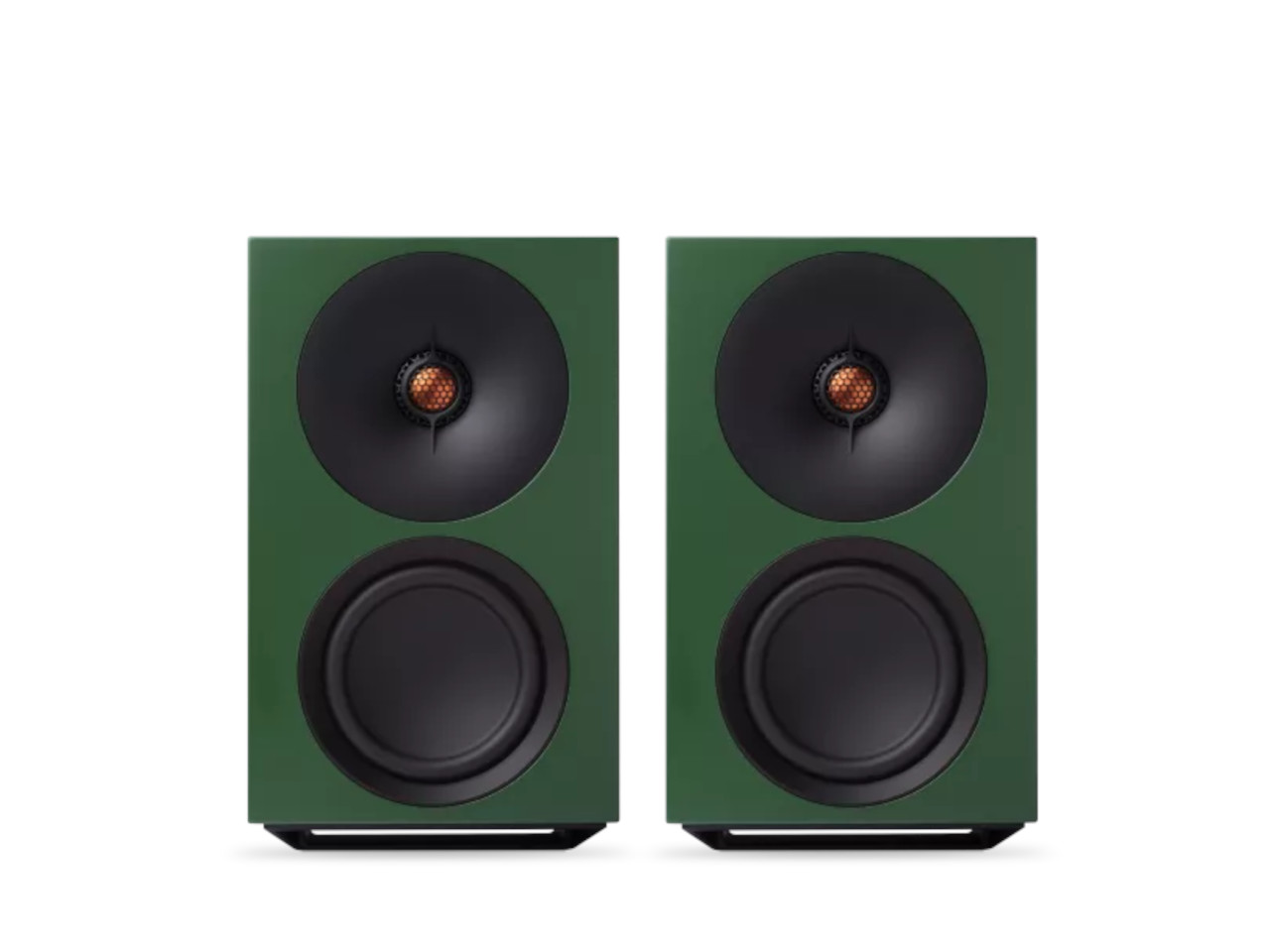 stereo speakers, Bücherregal-Lautsprecher, grüneGehäuse, schwarzeTreiber, Paar
