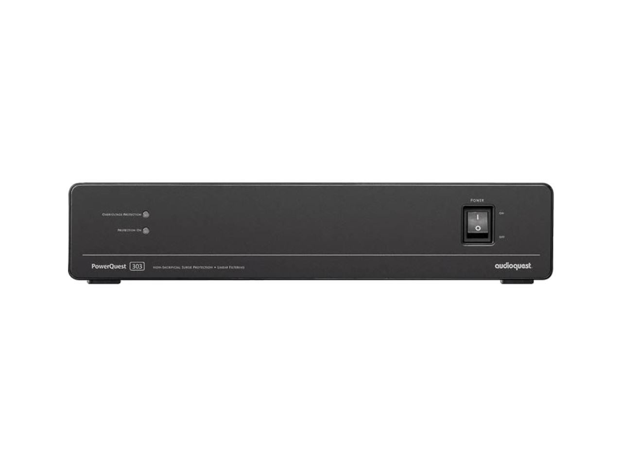 AV-Empfänger, Leistungsverstärker, schwarzes Metallgehäuse, Ein/Aus-Schalter, audiogquest PowerQuest 303