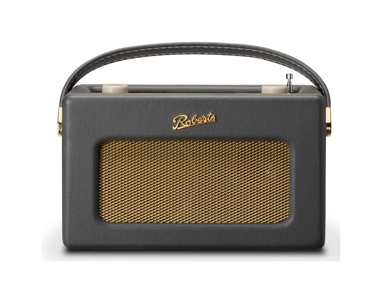 portabler Lautsprecher, Retro-Radio, Grau, goldenes Netzgitter, Tragegriff