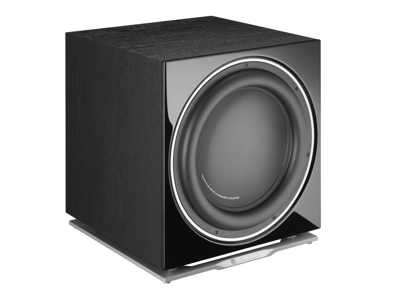 Subwoofer, Lautsprecher-Box, schwarze Oberfläche, runder Tieftöner, Holzgehäuse