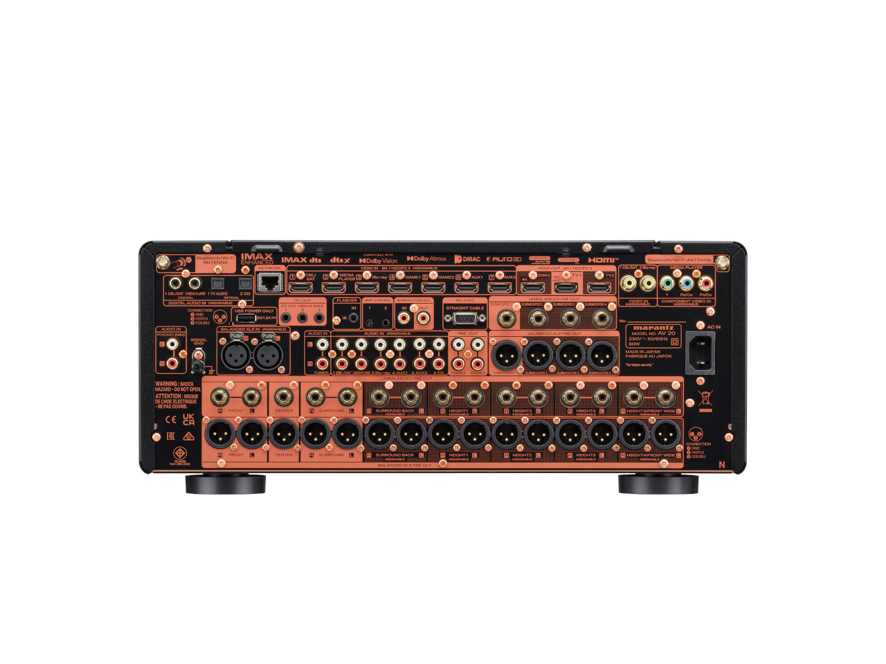 AV-Empfänger, Audio-Mischpult, Rückseite, viele Anschlüsse, kupferfarbene Front/Panel
