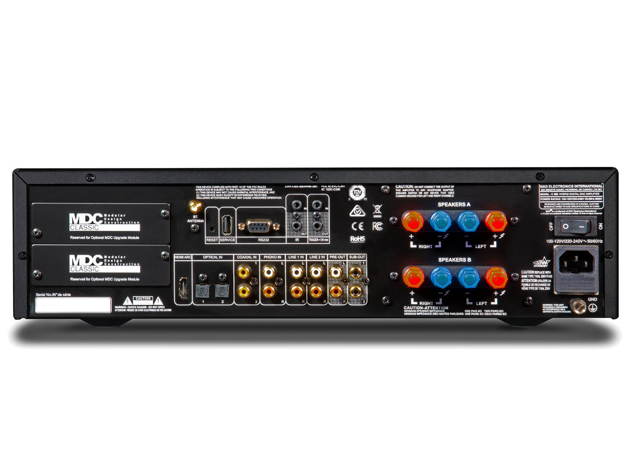 AV-Empfänger, Rückseite, Audioausgänge, Lautsprecheranschlüsse, HDMI, VGA, RCA-Anschlüsse, Netzeingang