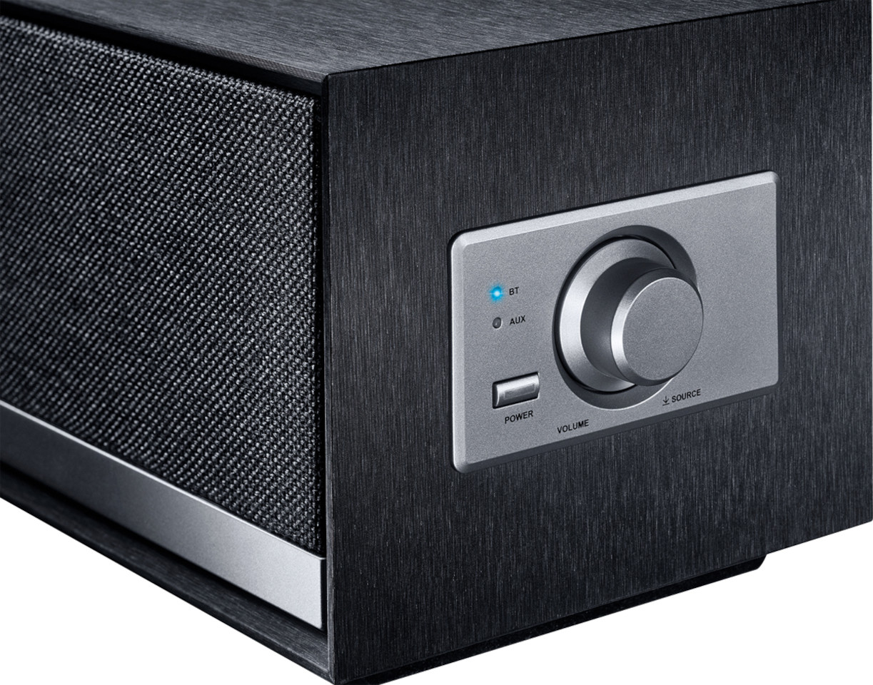 Lautsprecher, Bluetooth, Volumenknopf, Schwarz, Gehäuse aus Holz