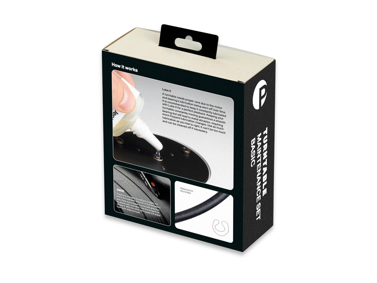 Plattenspieler-Pflegeset, Wartungsset, Ersatzriemen, Schmiermittel, Schwarze Verpackung