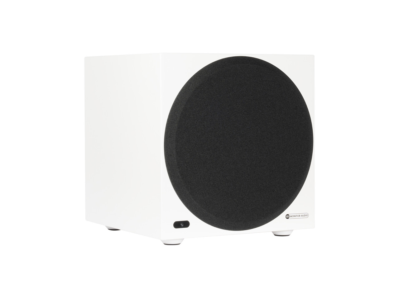 aktiver Lautsprecher, subwoofer, weißer Gehäuse, rundes Treiberausschnitt, Monitore Audio label