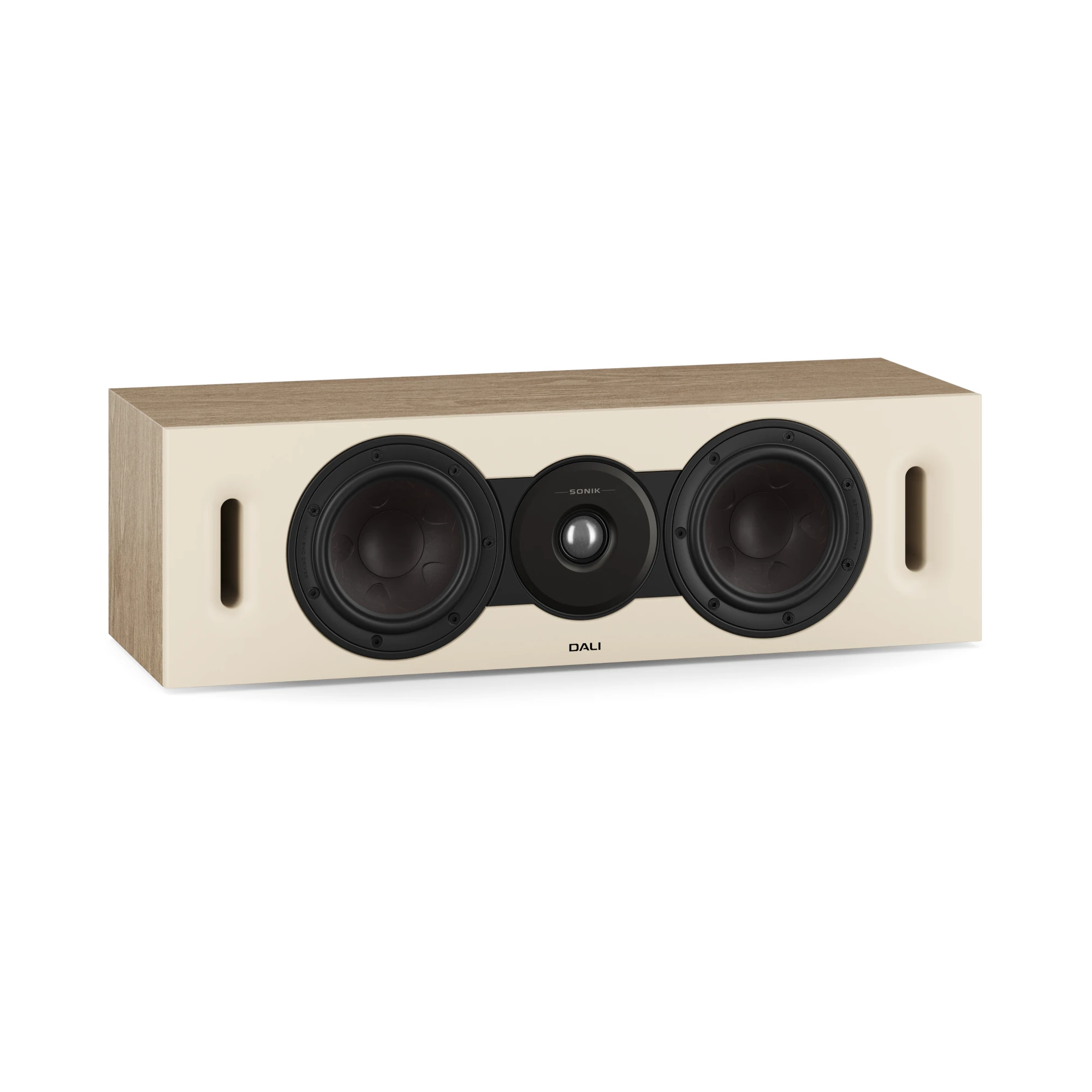 hifi-anlage, lautsprecher, center-channel, holzoptik, beige-front