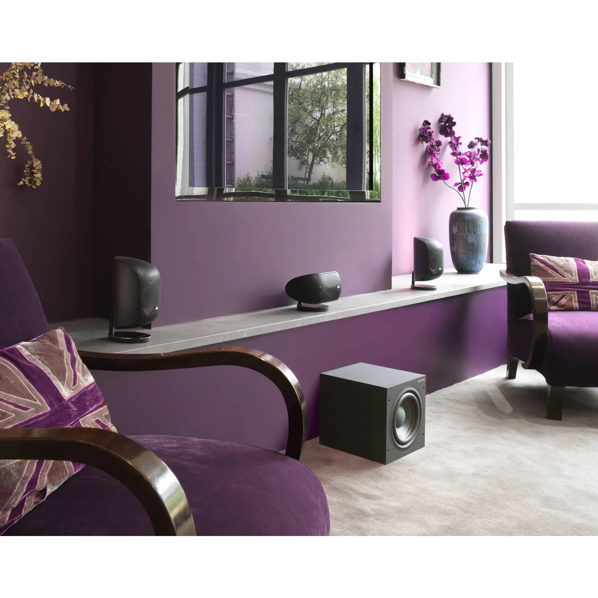 subwoofer, Lautsprecher, Heimkino, lila Zimmer, Standlautsprecher