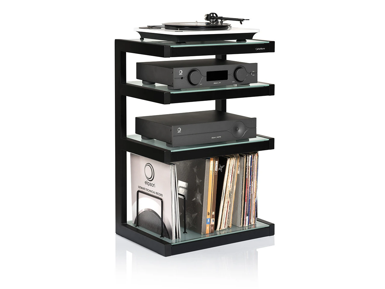 HiFi-Rack, Schallplattenregal, schwarzes Metallgestell, Glasböden, mehrstöckig