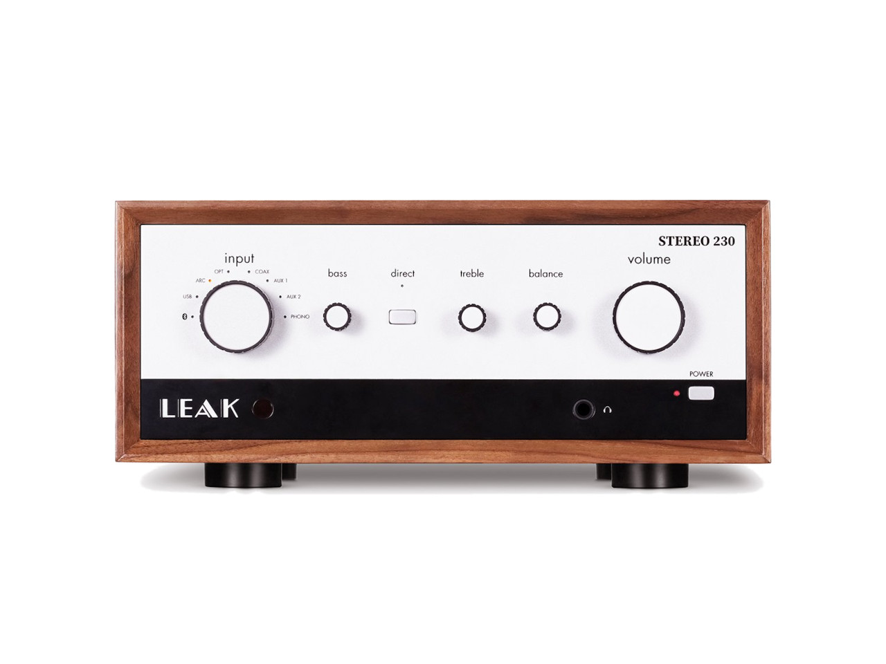 stereo amplifier, holzgehäuse, weißes frontpanel, lautstärke knopf, netzschalter