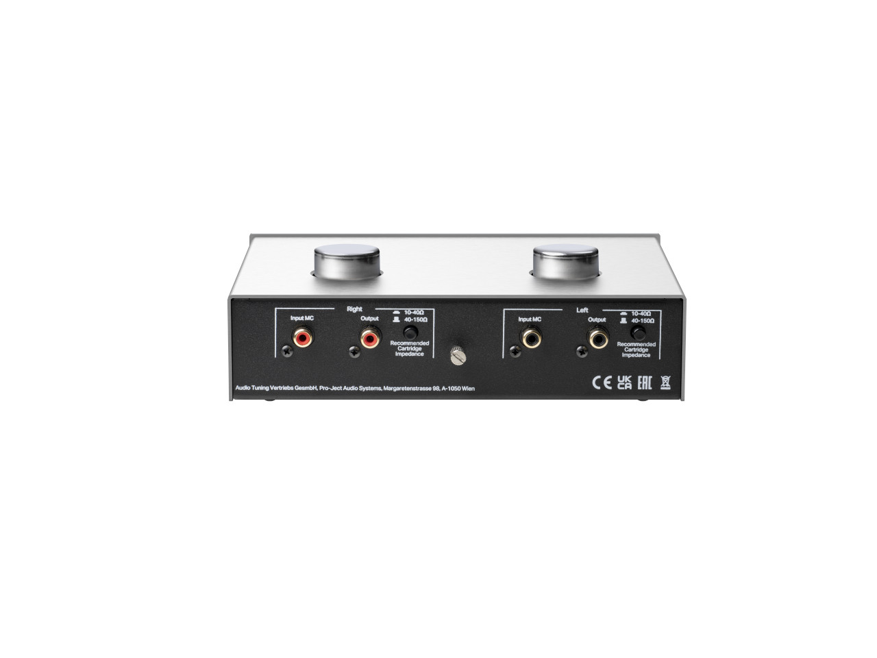 audio interface, stereo adapter, RCA jacks, pair of knobs, metal housing