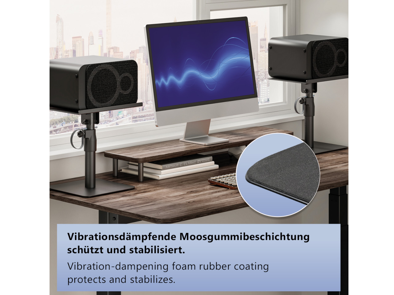 laptop-stand, monitor-stand, lautsprecher, schreibtisch-setup, schaumbeschichtung