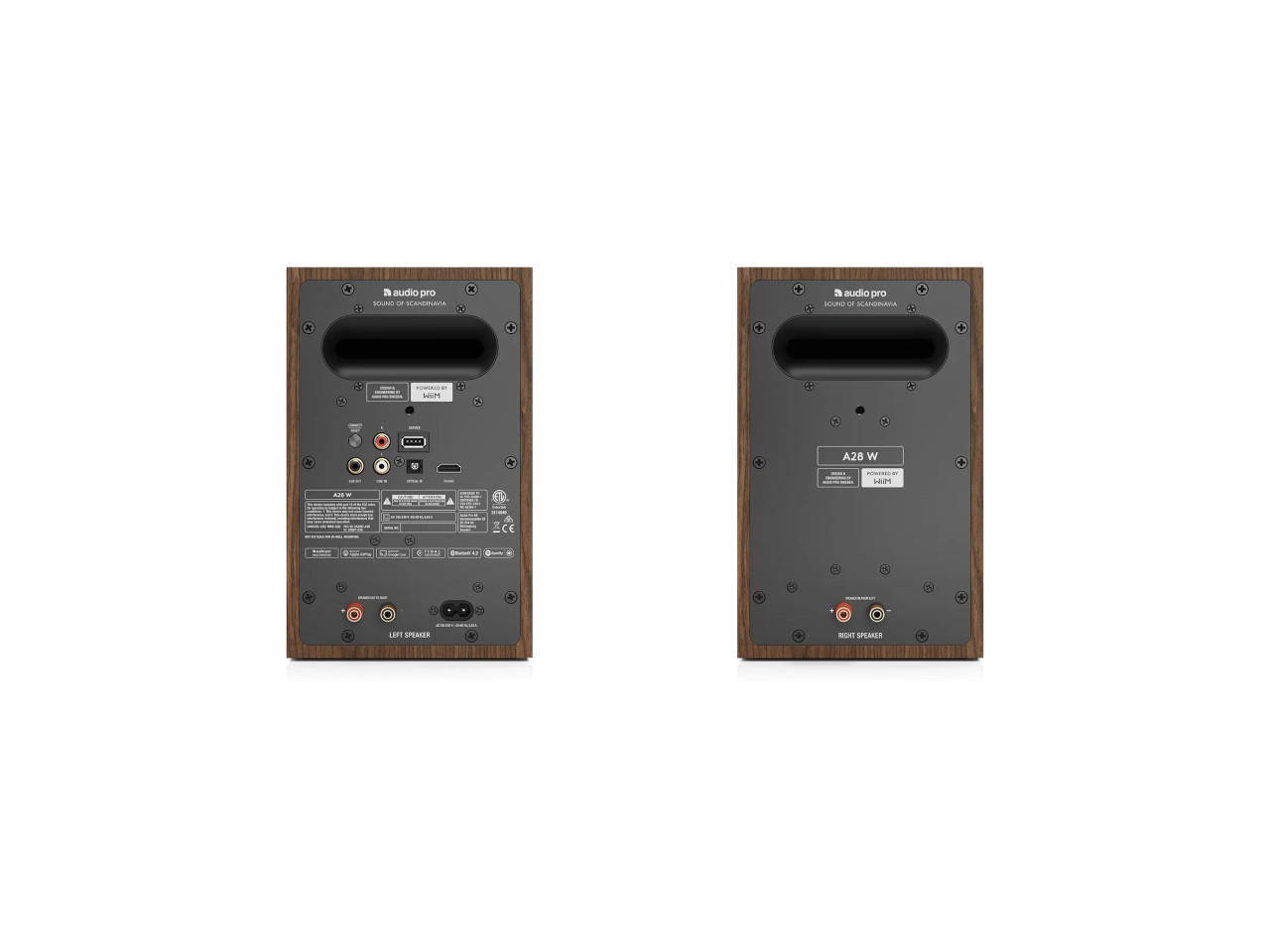 powered speakers, left speaker, right speaker, wood finish, rear panel