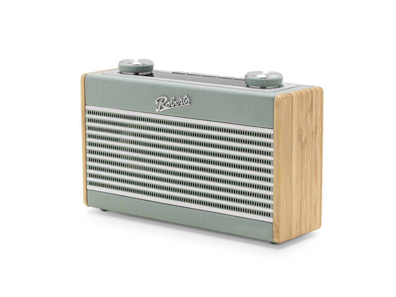 Bluetooth-Lautsprecher, portables Radio, Holzakzente, grünes-hellgrau, perforierte Gitter