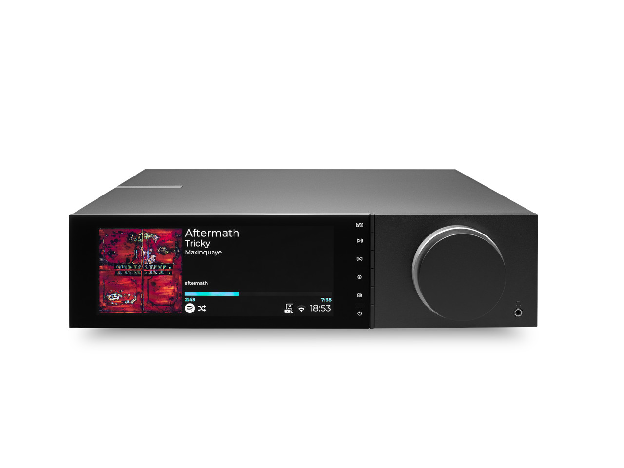 stereo receiver, hi-fi amp, touchscreen display, großer regler, schwarz metall