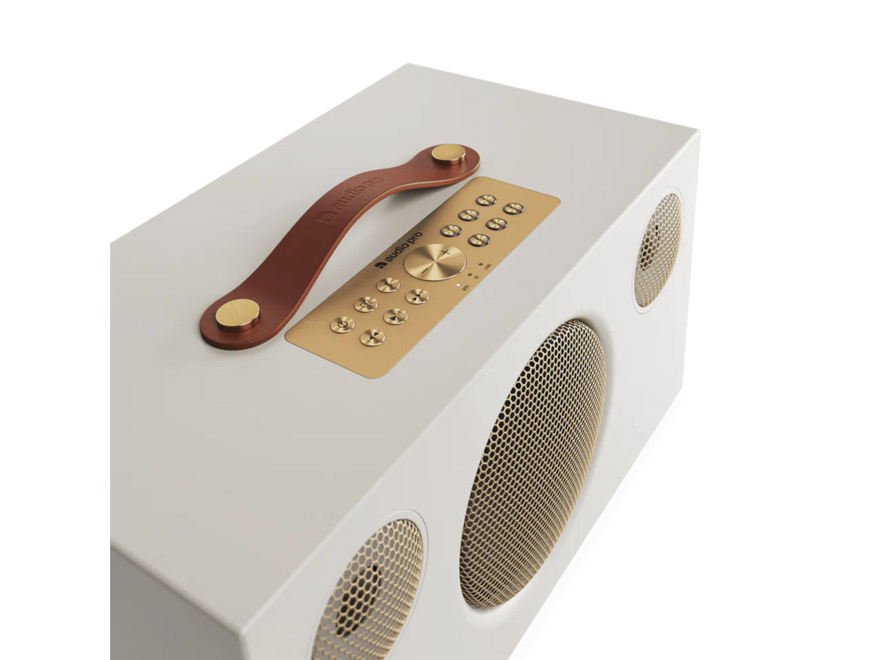 Lautsprecher, Bluetooth, Holzgriff, Goldene Kontrollplatte, Gehäuse weiß