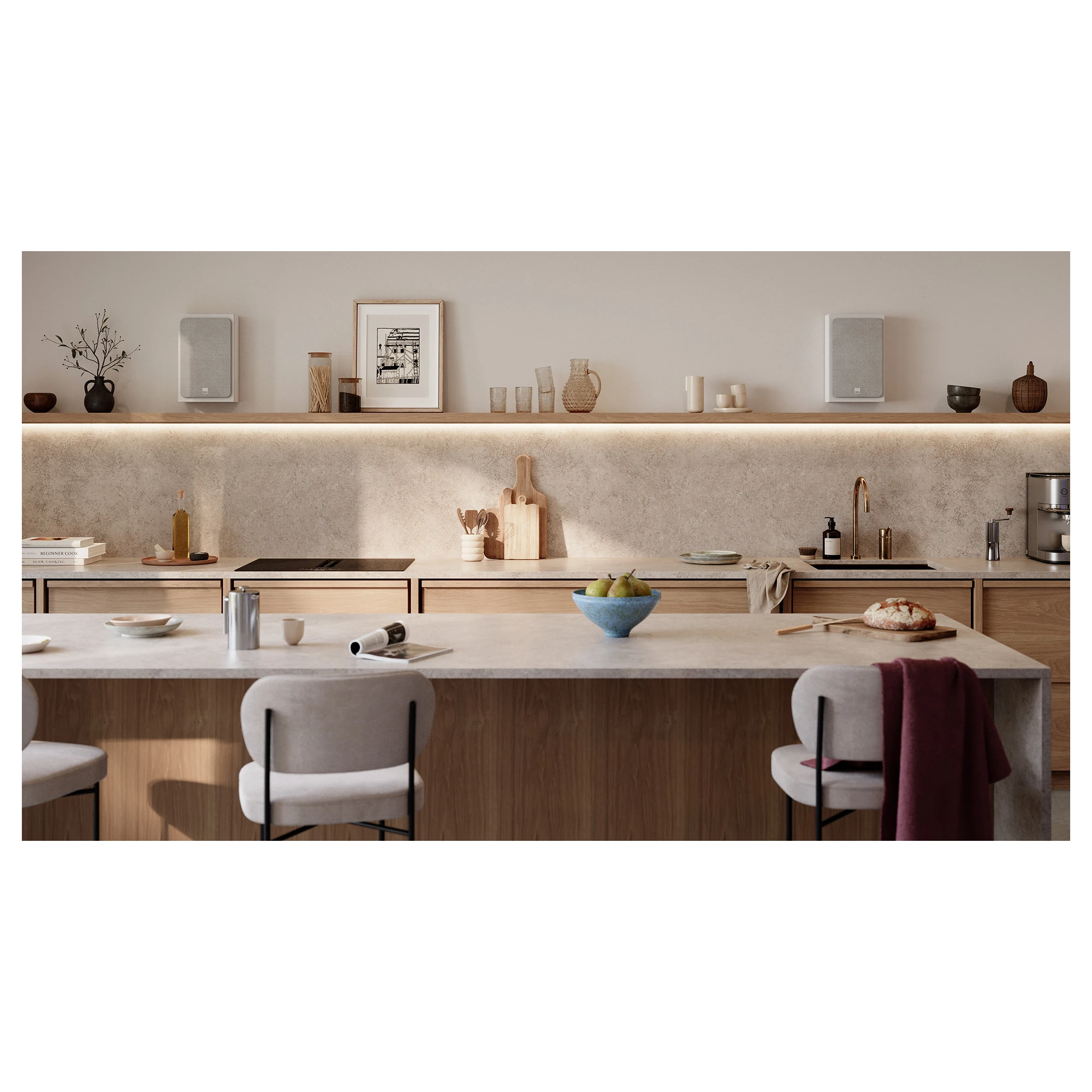Küche, Kücheninsel, Granit-Arbeitsplatte, Barhocker, Minimalistisches Dekor