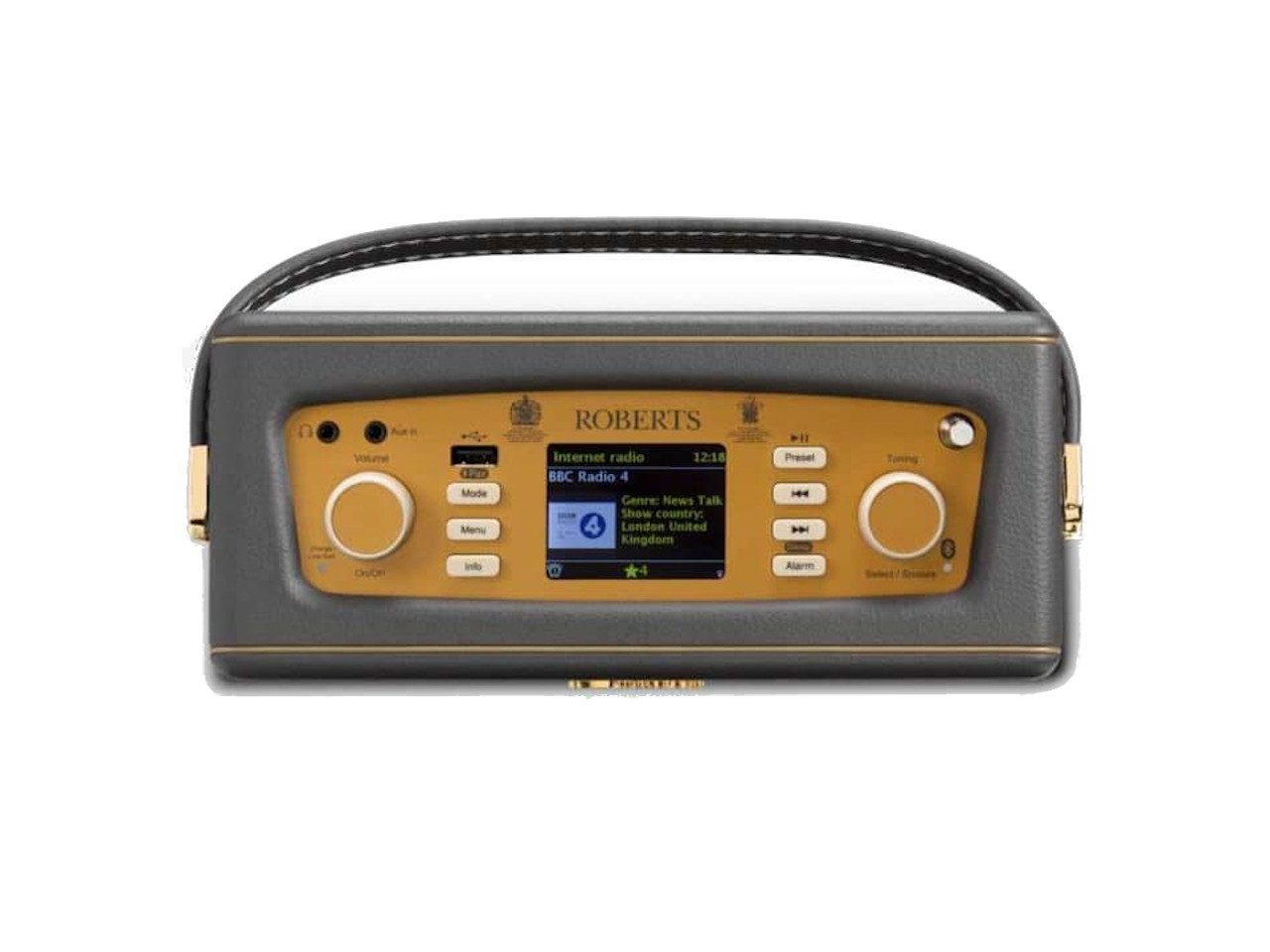 portables Radio, digitales Display, goldenes Panel, Tragegriff, kompaktes Design
