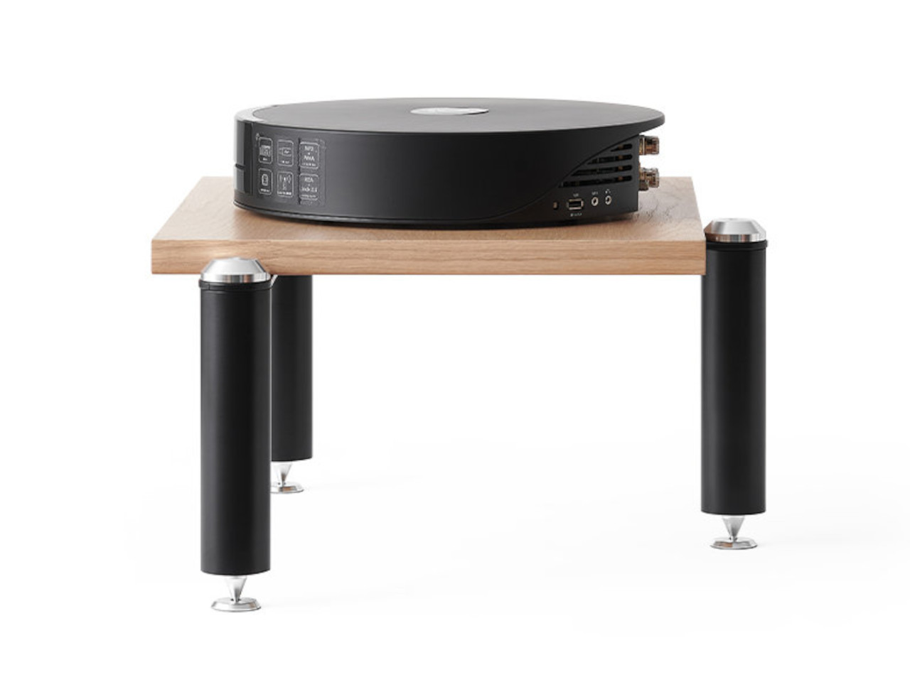 Plattenspieler, Holz-Tisch, Schwarzer Rundtisch, Hi-Fi-Baustein, Anschlusseingänge