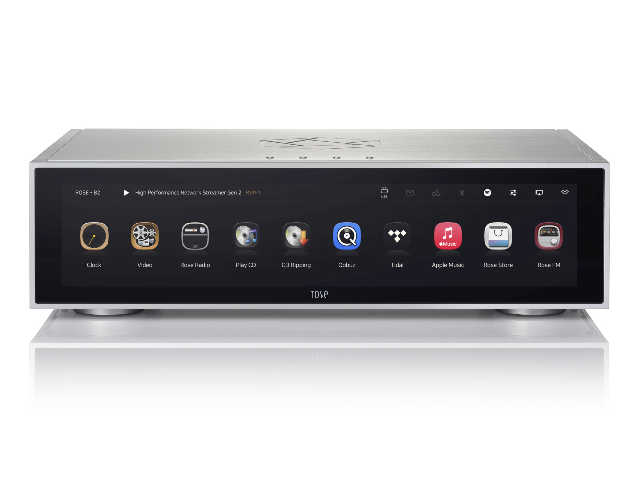 hi-fi receiver, audiophile amp, network streamer, silver casing, touchscreen display