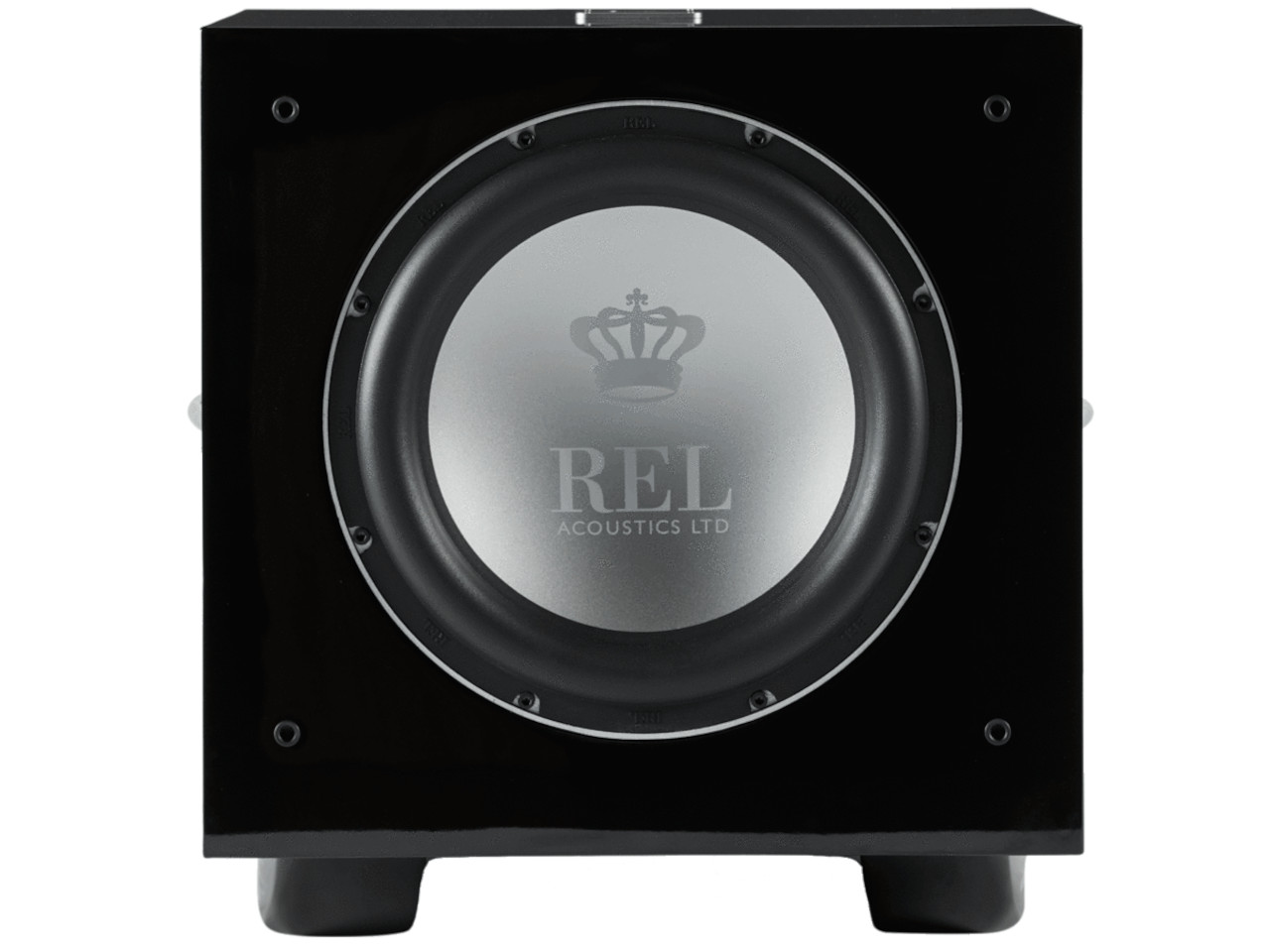 Unterwoofer, Lautsprecher, schwarzer Würfel, silbernes Konus, REL ACOUSTICS LTD