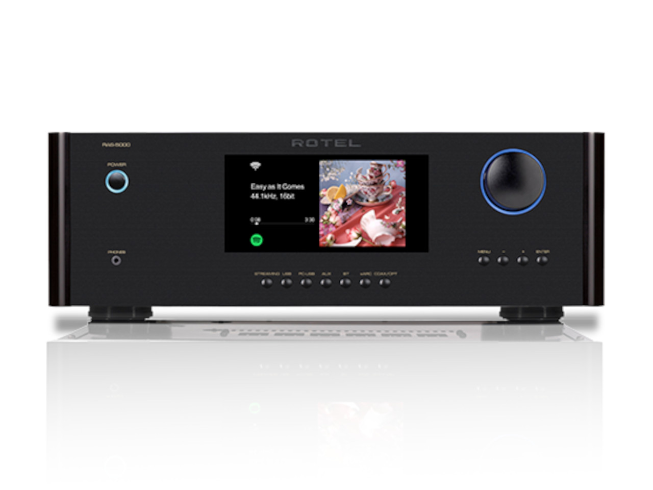 HiFi-Verstärker, HiFi-Verstärker/Audio-Receiver, digitales Display, schwarzes Gehäuse, blauer Ring