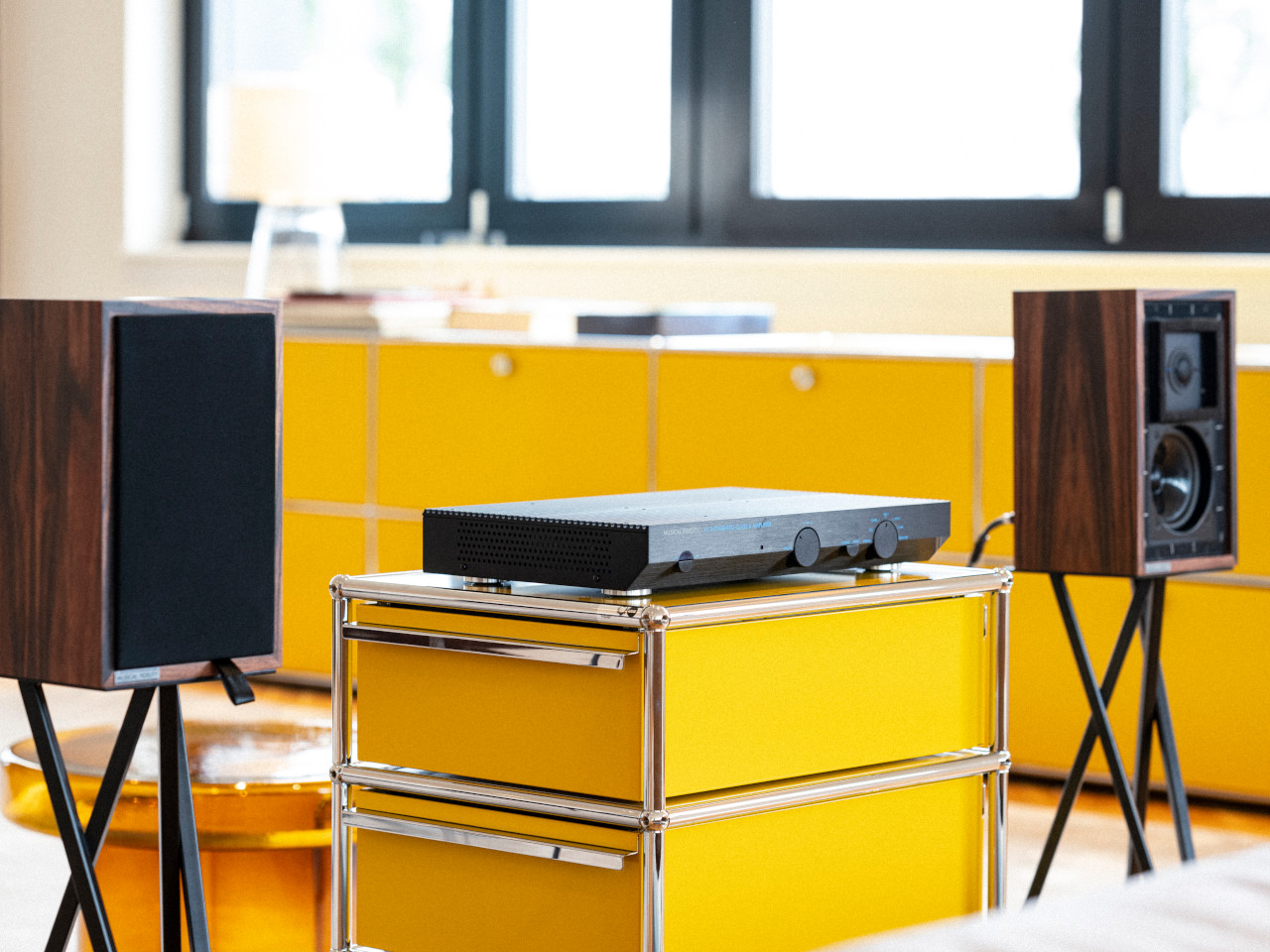 stereo receiver, hi-fi amplifier, wooden speaker, album rack, home audio