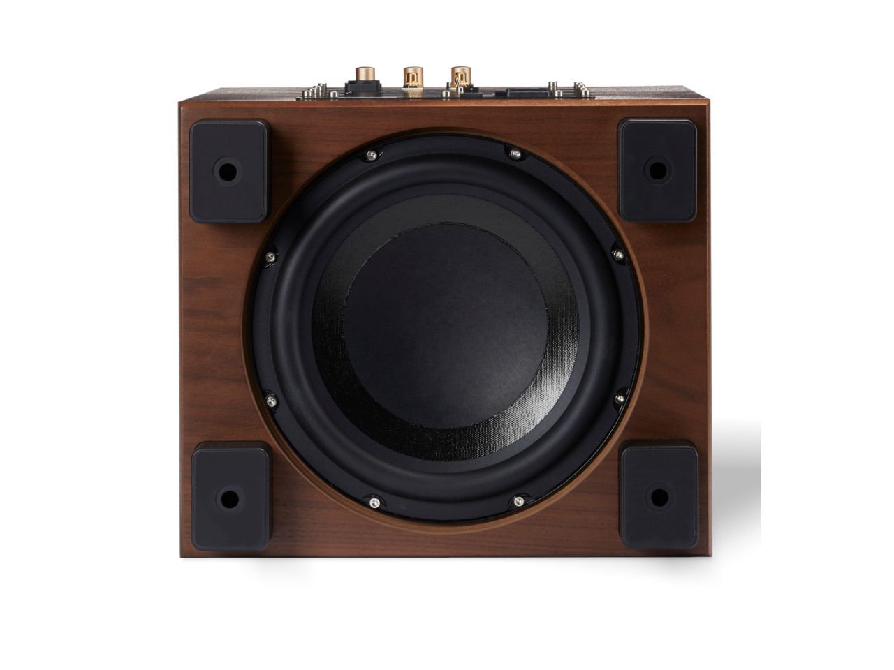 subwoofer, Holzlautsprecher, großer Treiber, vorderseite, Verstärkereinstellungen