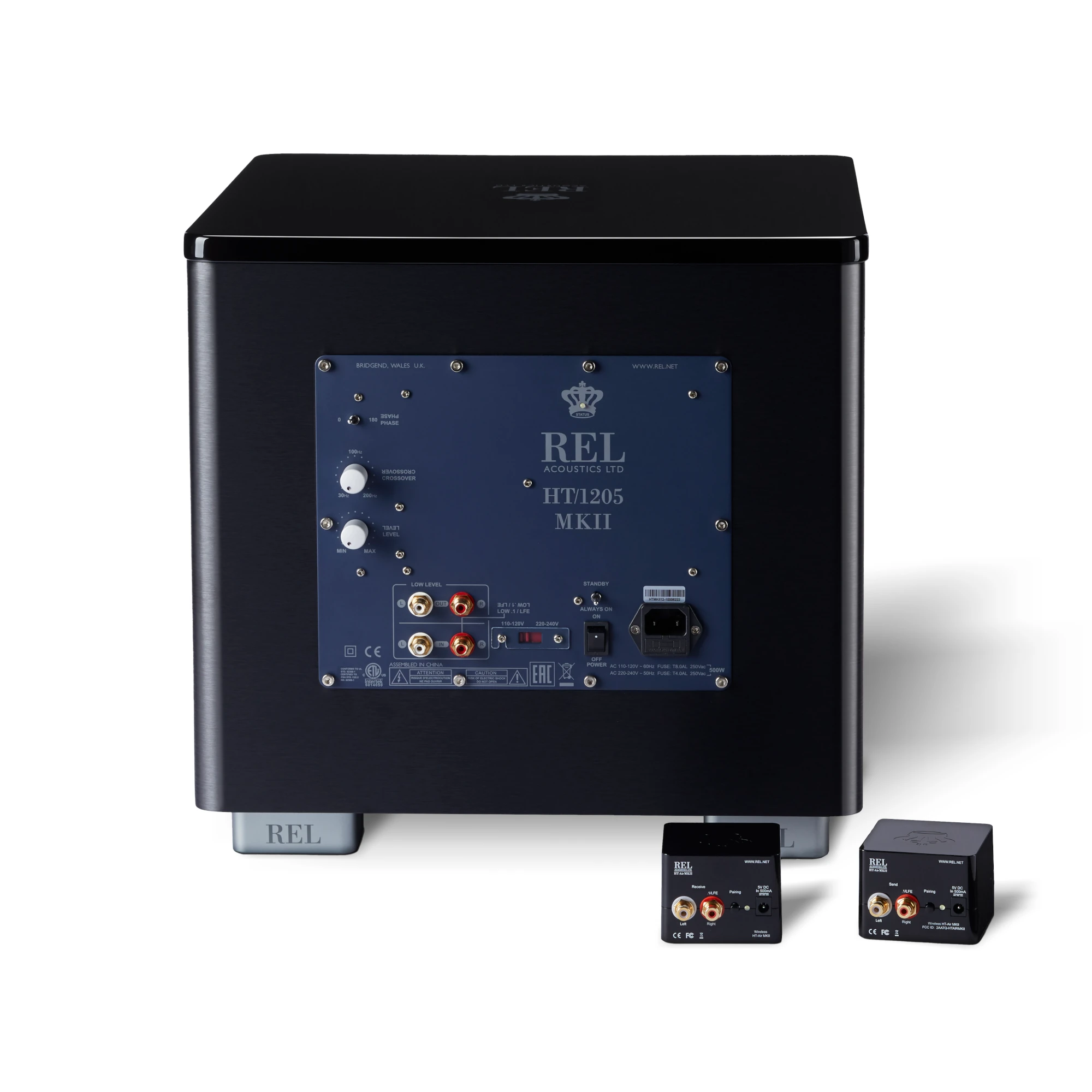 Subwoofer, Verstärker, REL HT/1205 MKII, Blaues Panel, Rückseite Anschlüsse