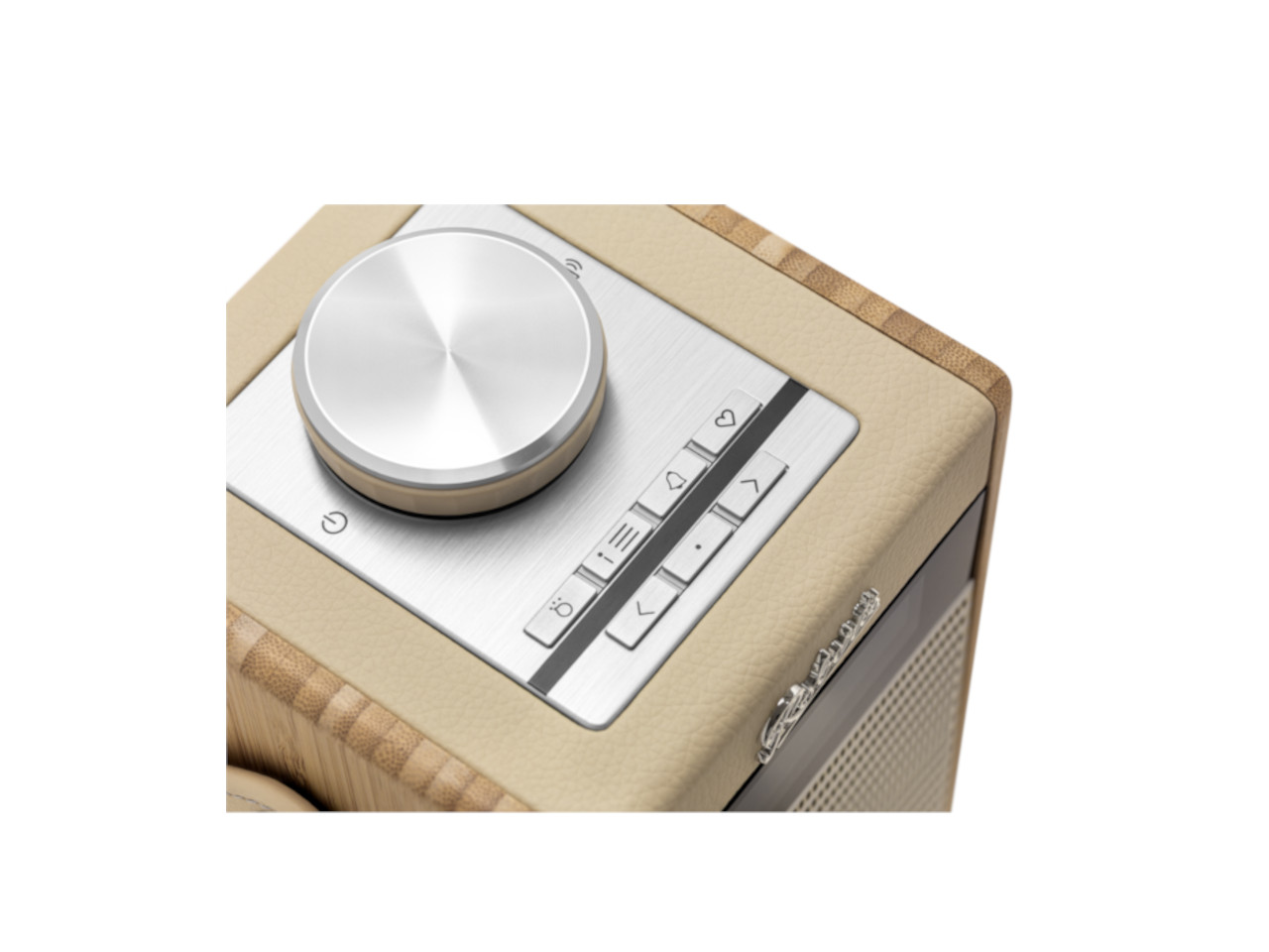 volume knob, control panel, beige cabinet, silver dial, speaker
