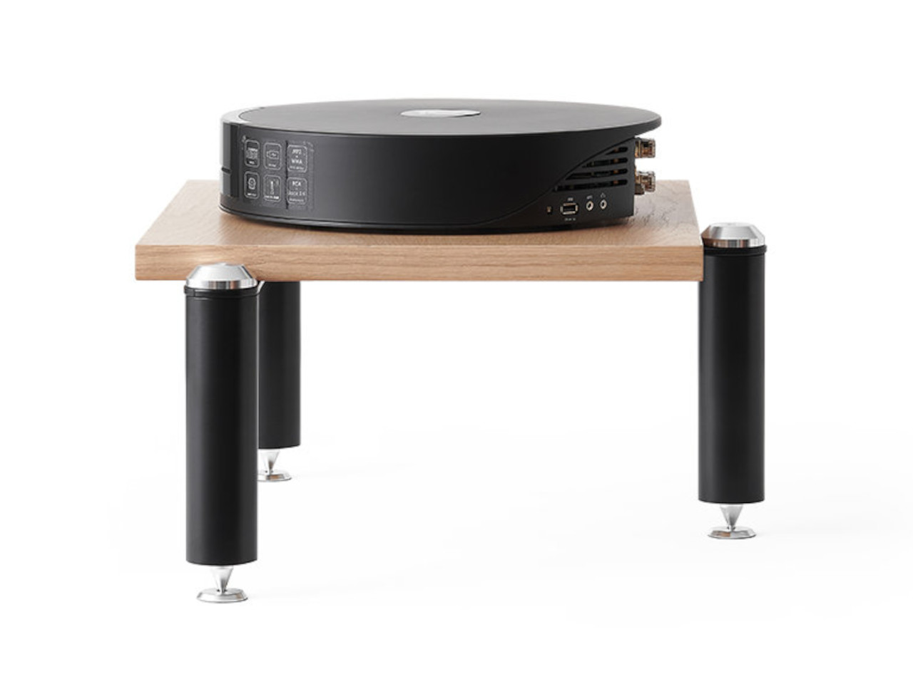 setup table, turntable, wooden top, black legs, audio appliance