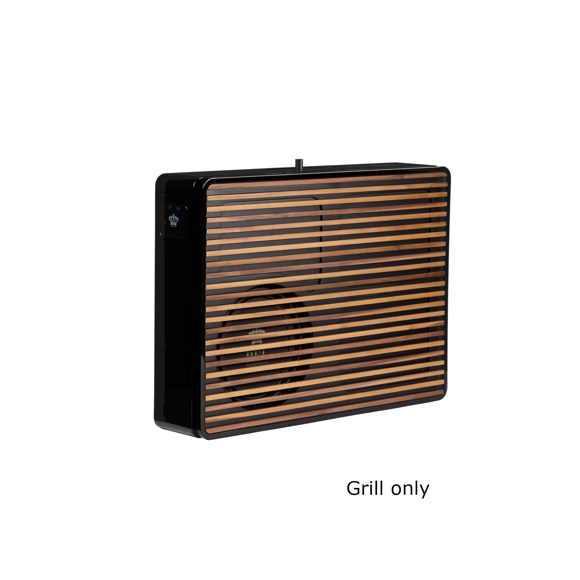 Grill, Lautsprecher?, Grill only is text in image, But product looks like portable speaker with wooden slats, Wooden slat grill