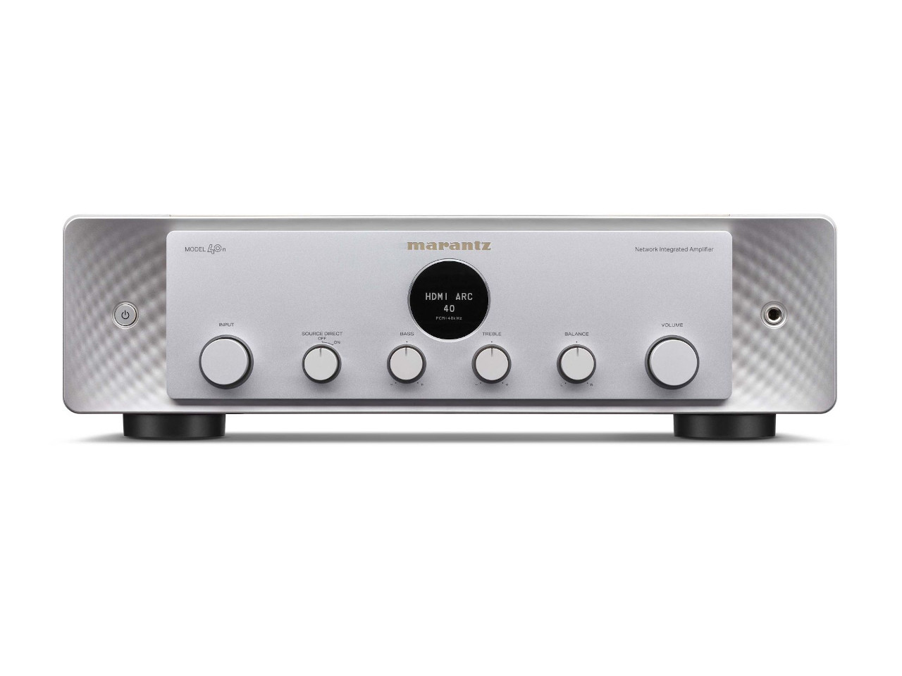 stereoverstärker, audioverstärker, silbernes Frontpanel, bedienelemente, digitalanzeige